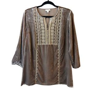 J Jill Taupe Embroidered Velvet Blouse sz M Petite Boho Fall